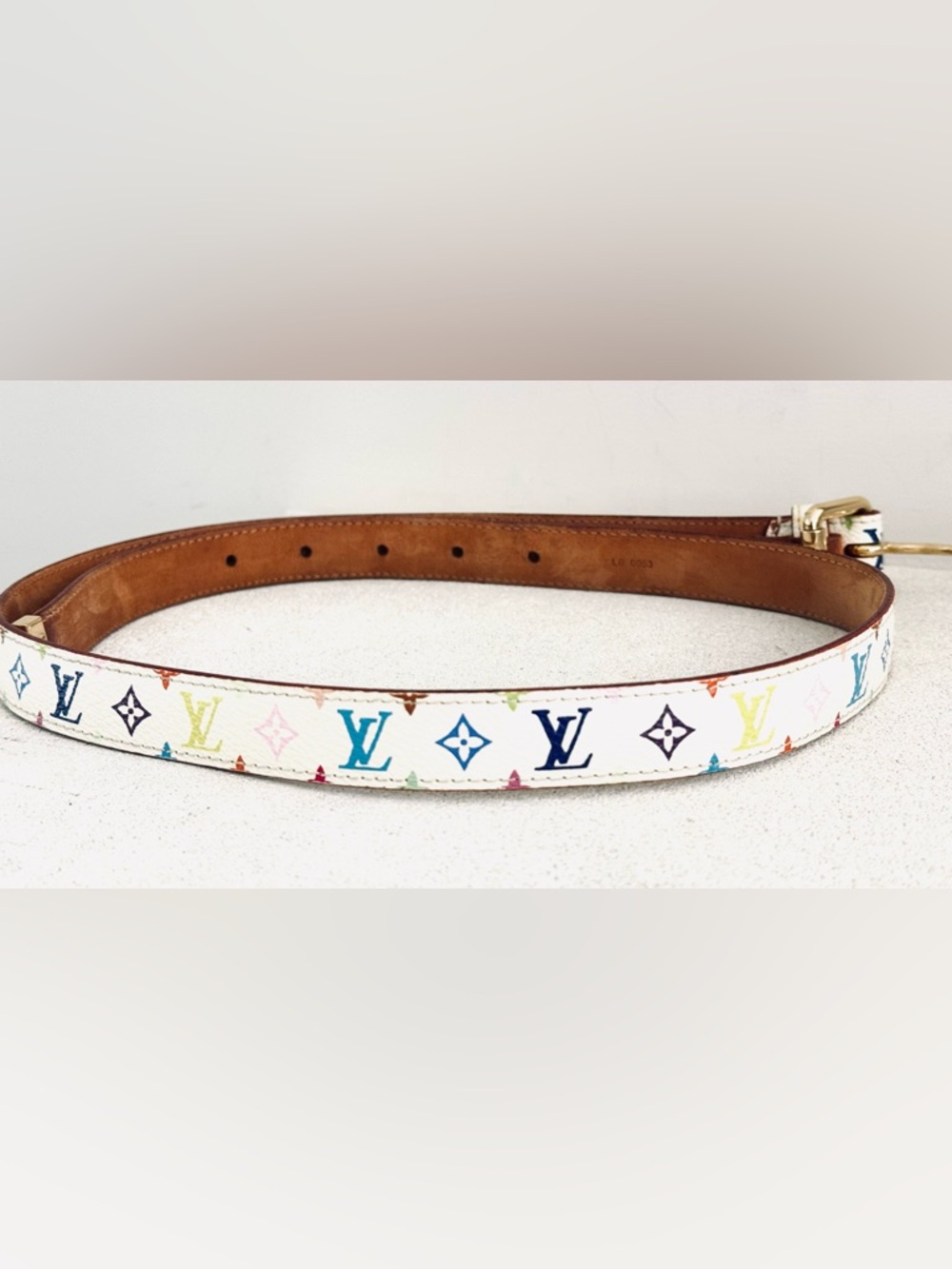 LOUIS VUITTON Murakami Multicolore White Belt Size 80/32 Unisex Gold Buckle - Picture 12 of 12